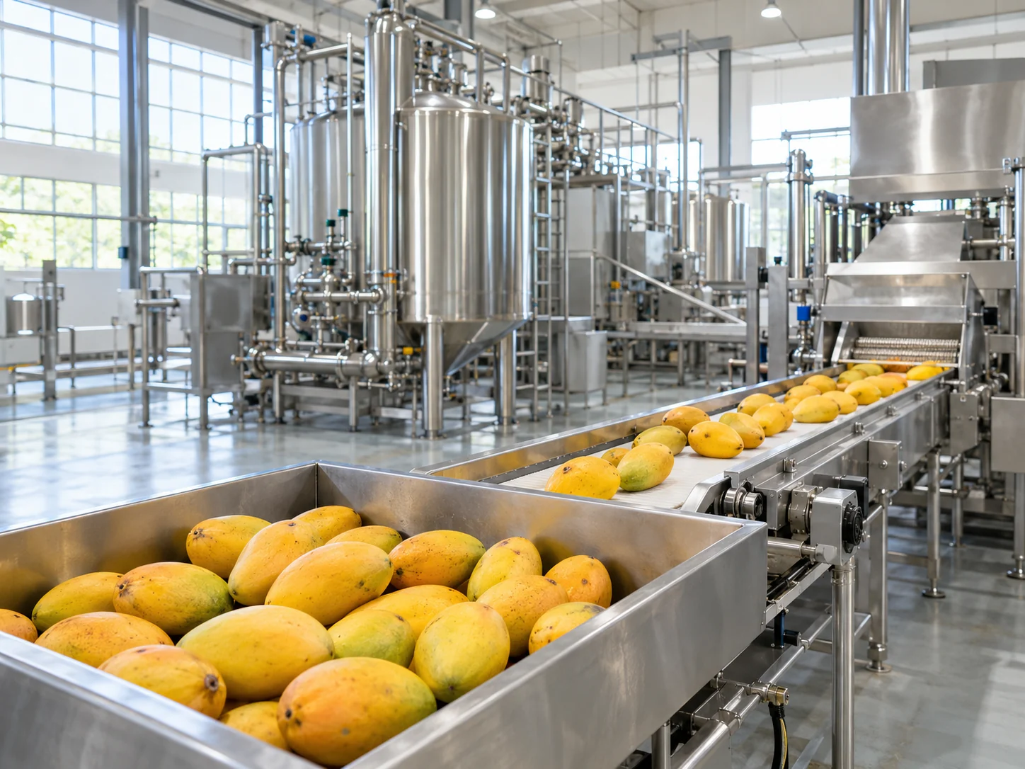 Illustrative view of mangoes on a processing line