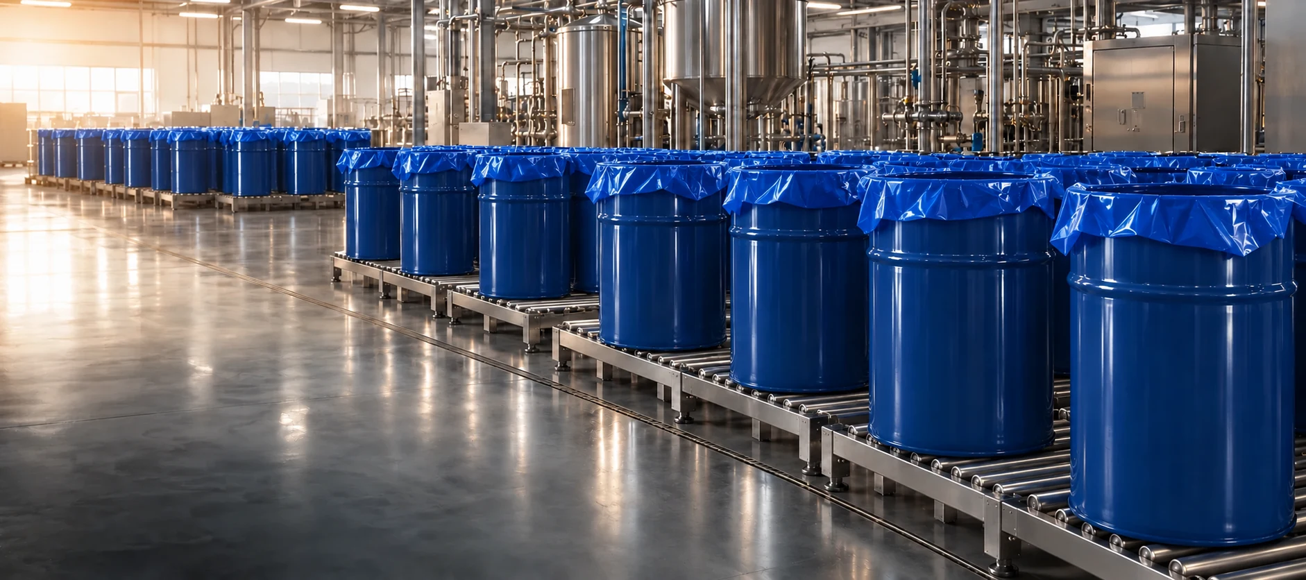 Blue plastic liners folded over blue mild-steel drums in an aseptic packaging area
