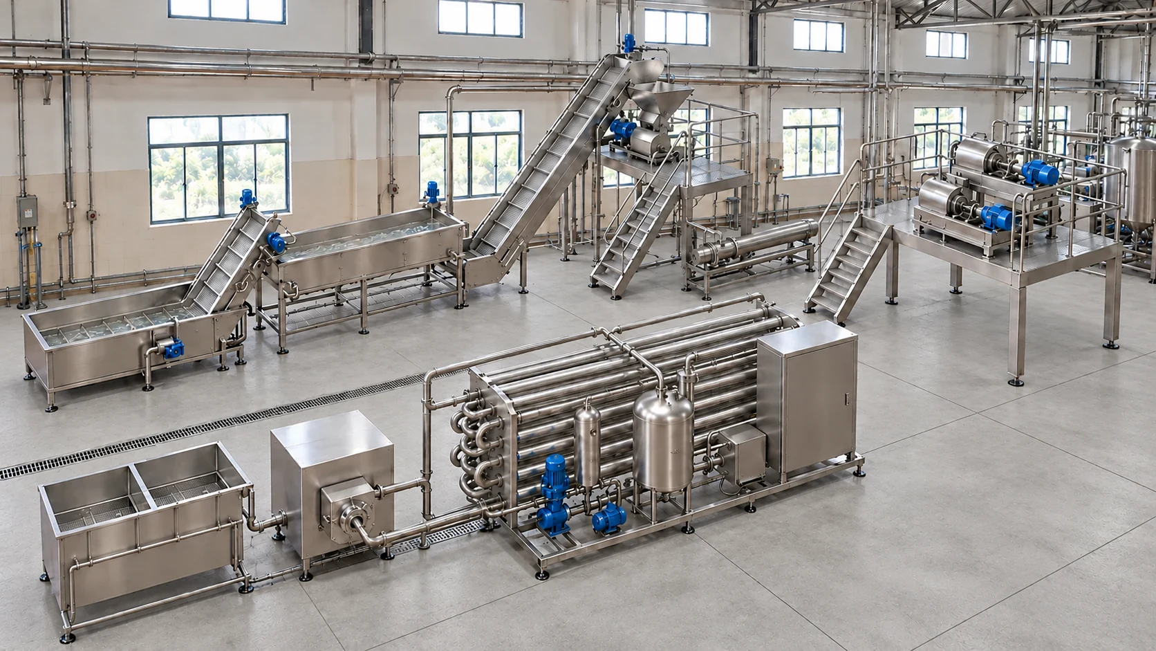 Illustrative stainless steel fruit processing line inside a factory hall